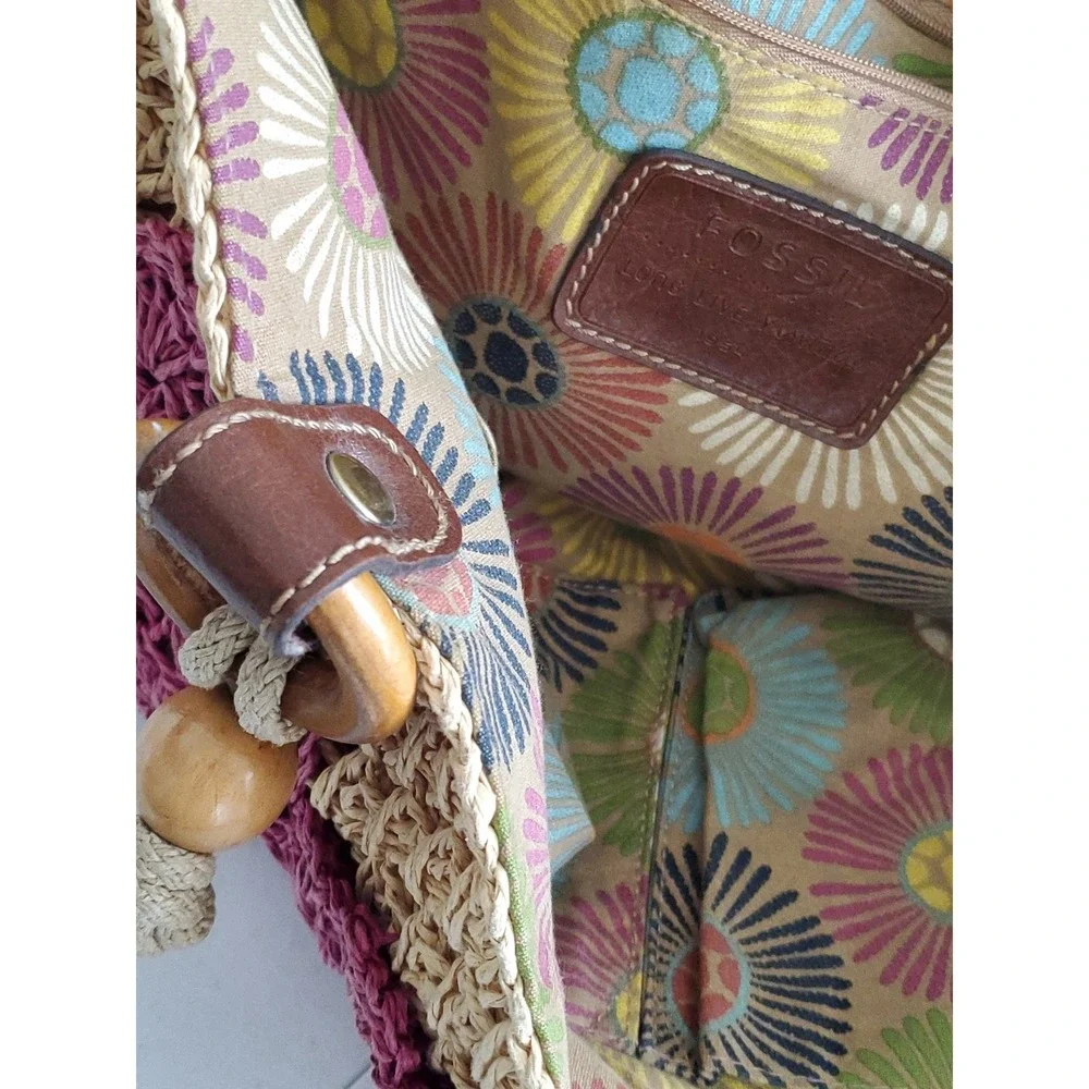 Fossil Straw Crochet Tote Shoulder‎ Bag Pink Beige Wood Beaded Boho Vacation